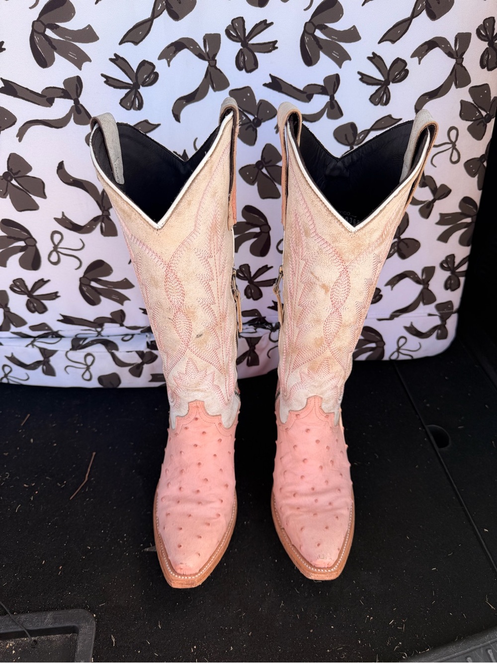 Pink Ostrich-Texture Western Heeled Boots